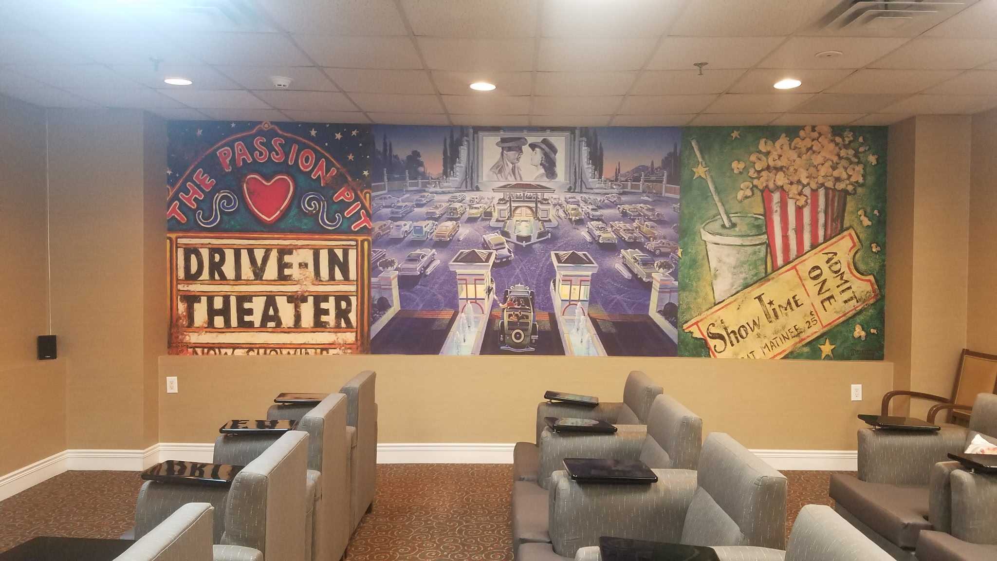 Custom drive-in theater themed mural in entertainment room